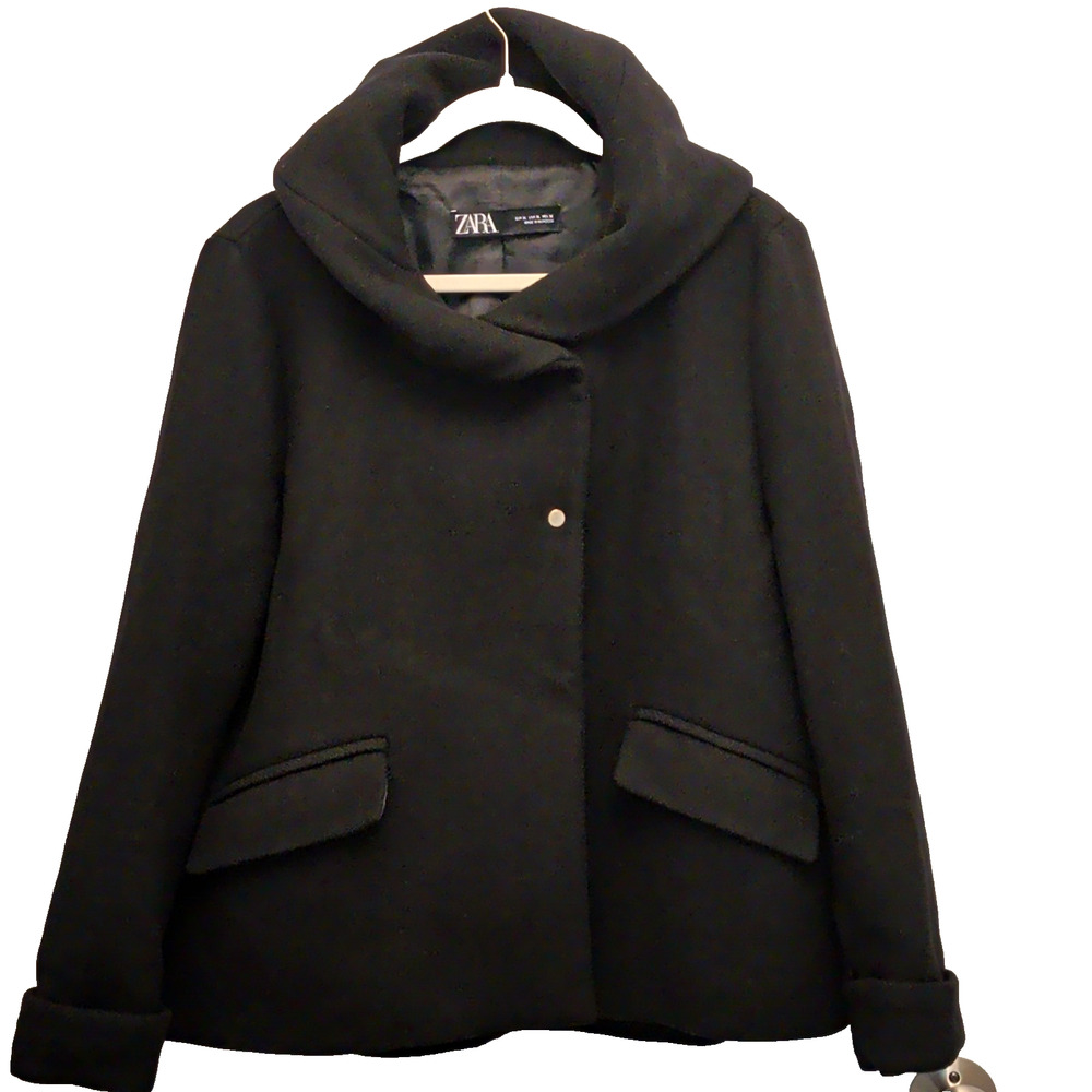 Zara Womens Asymmetric Wrap Coat Black Minimalist Chic Funnel Neck Wool Blend XL